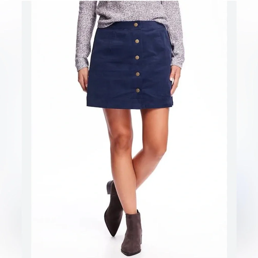 Old Navy Corduroy Button Front Mini Skirt Navy Blue Size 8 Brass Gold Buttons